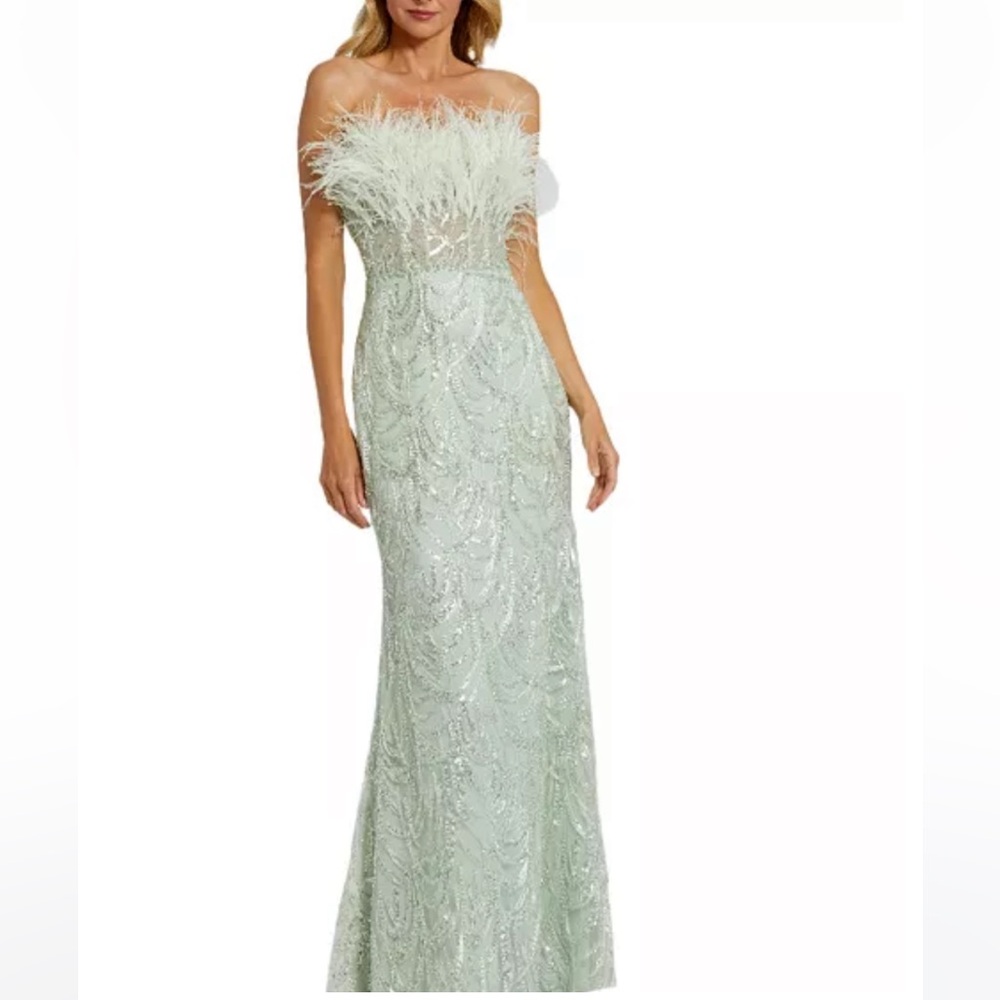 Like new Mac Duggal strapless feather bustier gown